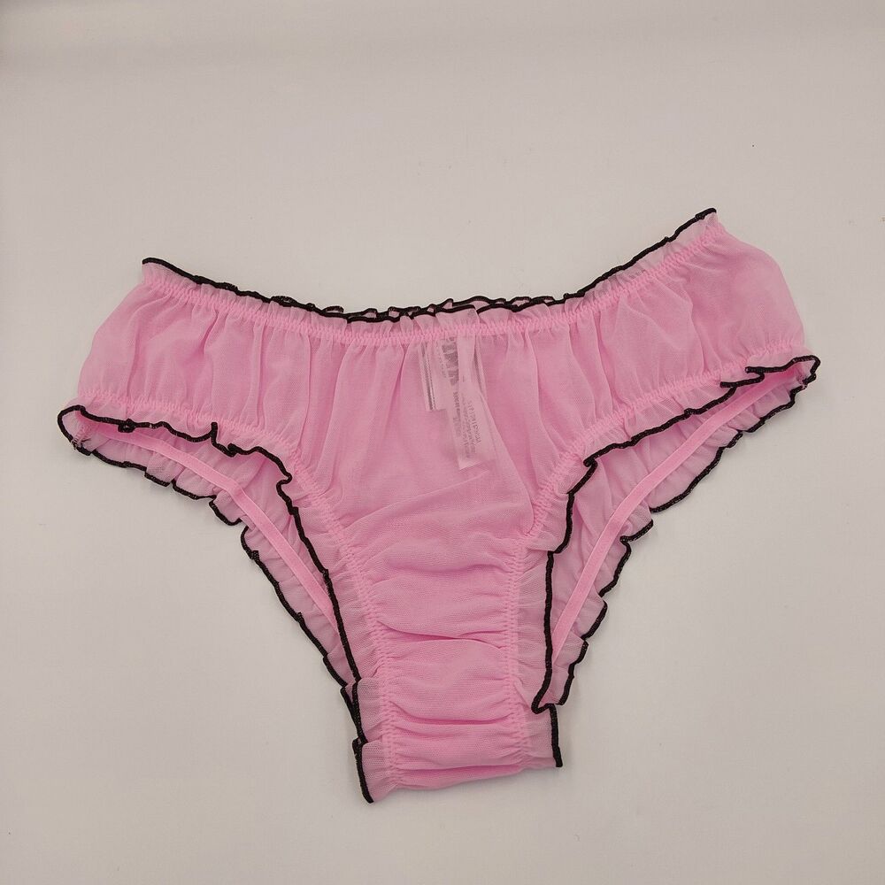 Victoria's Secret PINK Cheeky Panties LARGE Pink Sheer Mesh Black Ruffle Trim
